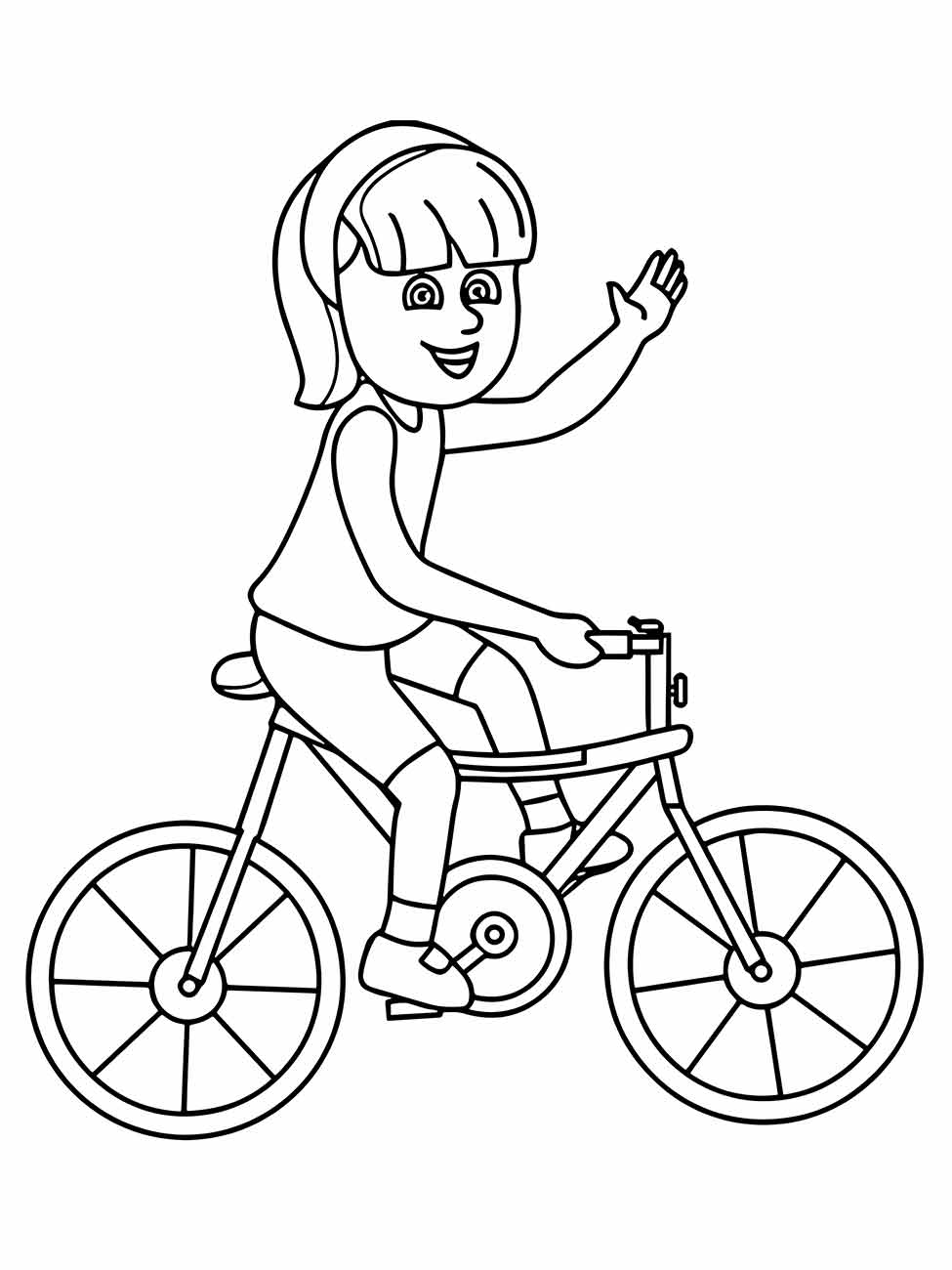 Desenho de uma menina acenando em sua bicicleta para colorir.