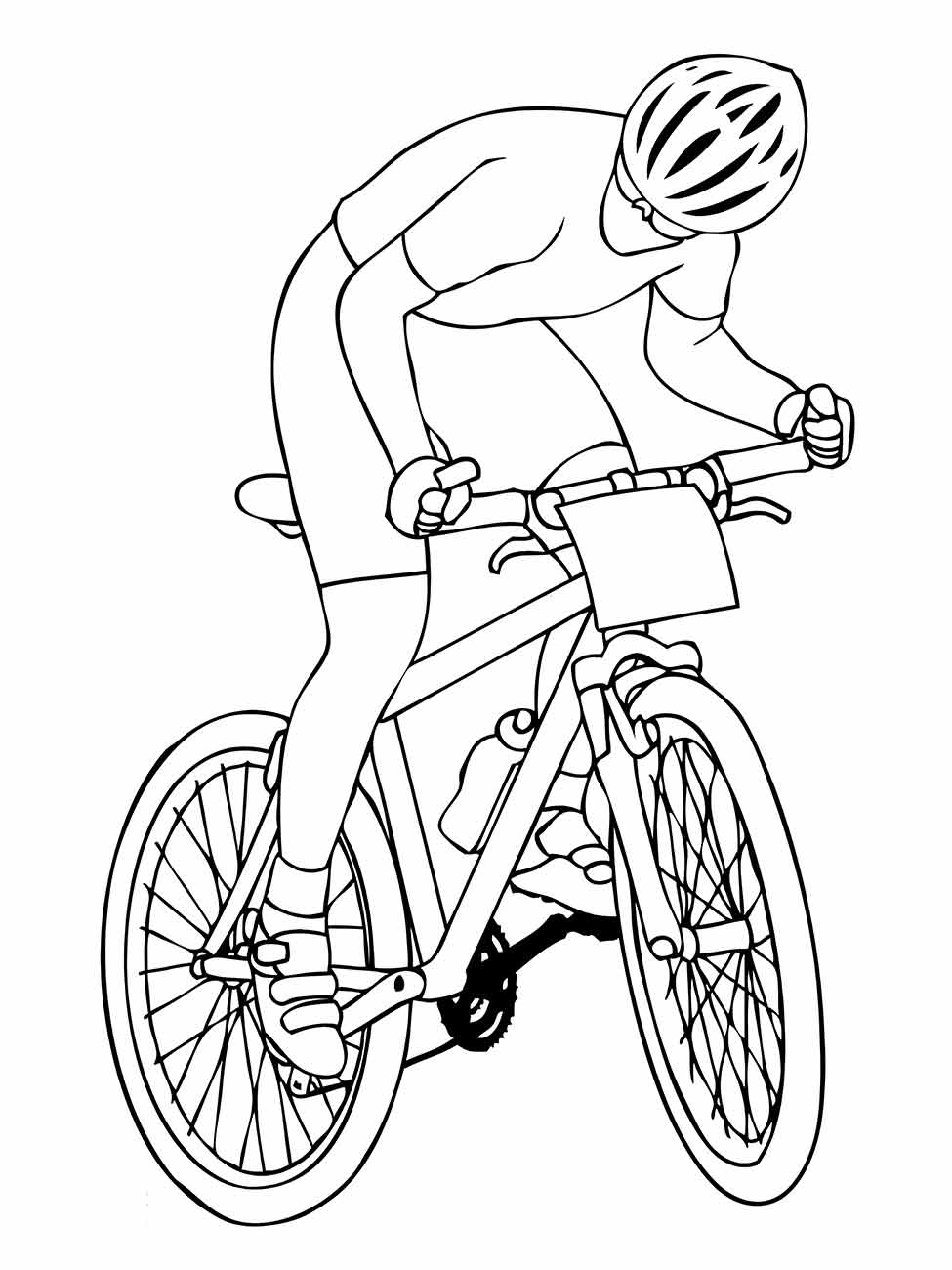 Desenho de um ciclista em posição de corrida para colorir.