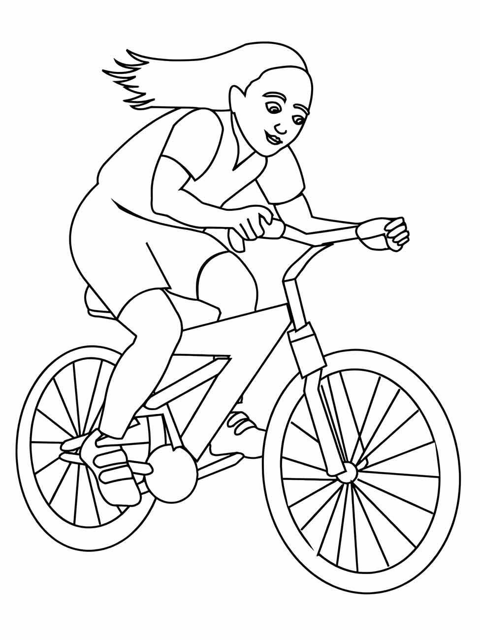 Desenho de uma mulher pedalando para colorir.