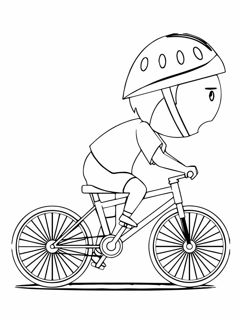 Desenho para colorir de uma criança concentrada pedalando com capacete.