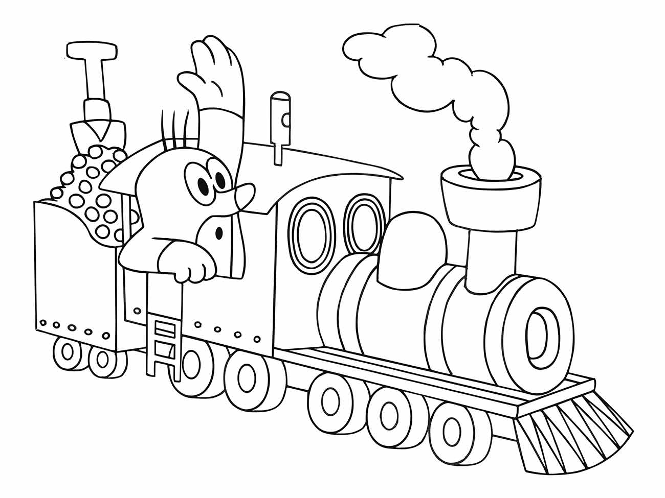 Desenhos para desenhar de um trem a vapor caricato com olhos e boca, soltando fumaça.