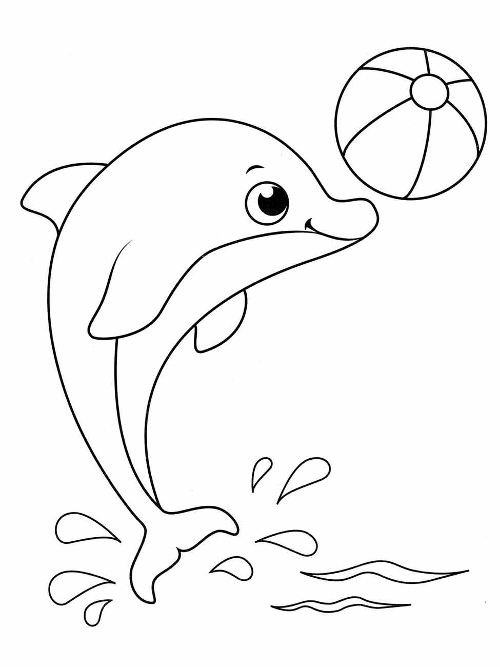 Desenho para colorir de golfinho boto brincando com uma bola.