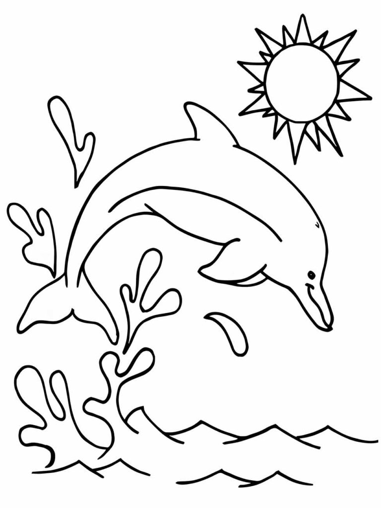 Desenho para colorir de golfinho, alegremente nadando e sob o sol brilhante.