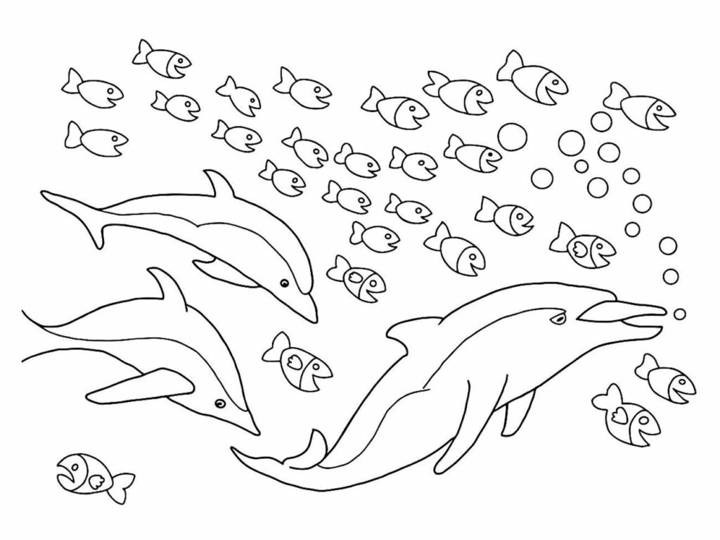 Desenho para colorir de golfinho boto, nadando entre peixes e bolhas de ar.