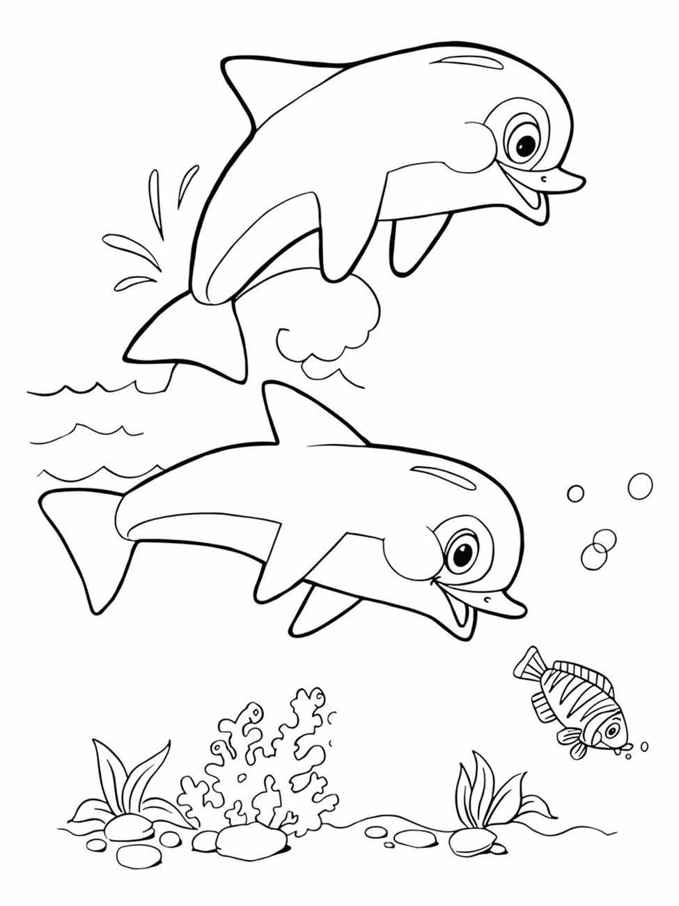 Desenho para colorir de dois golfinhos (botos) saltando acima da água com um peixe e corais abaixo.