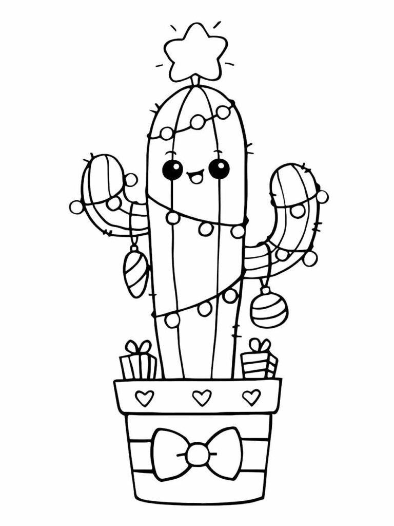 Desenho de cacto kawaii para colorir com decorações festivas, perfeito para diversão.