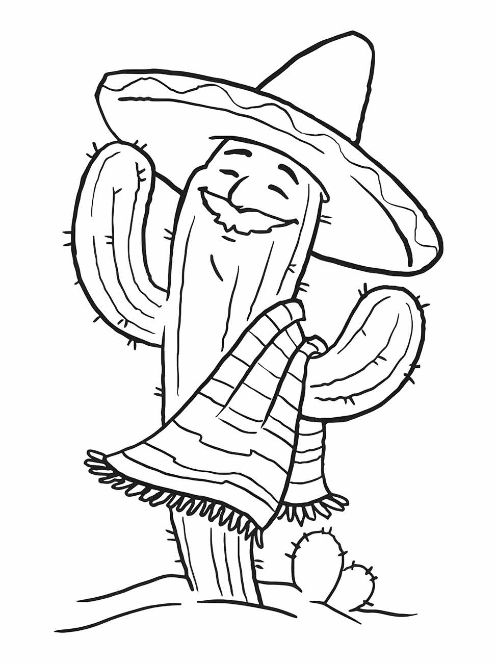 Desenho de cacto para colorir vestido com sombrero e poncho, em pose alegre.