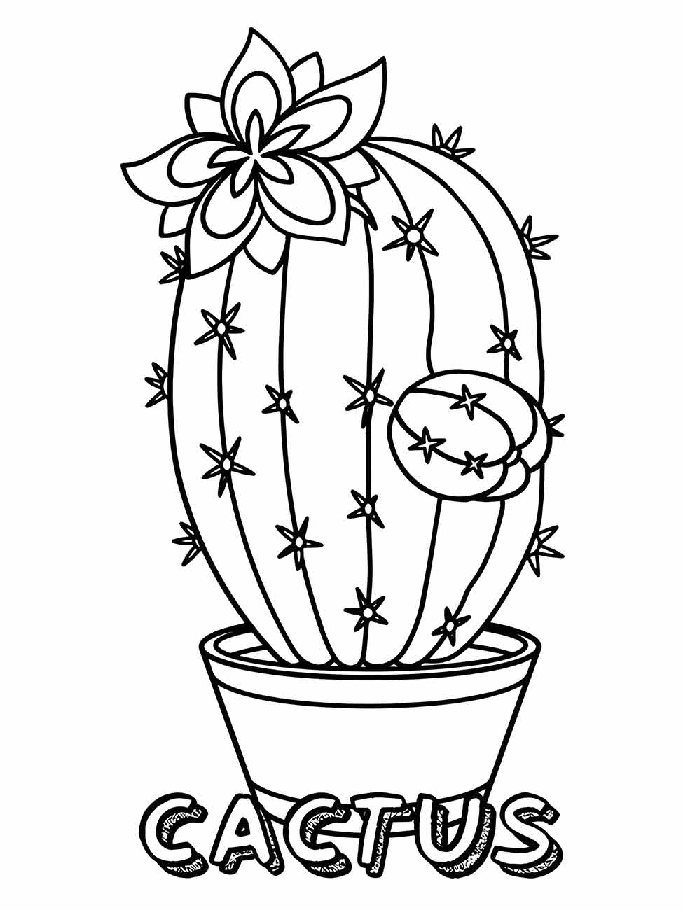 Desenho para colorir de um cacto com flor e a palavra "CACTUS" no vaso.