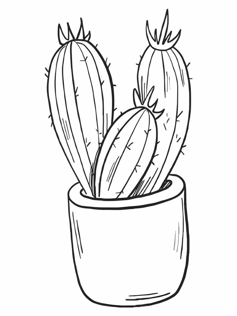 Desenho de cactos para colorir em um vaso, aguardando cores.