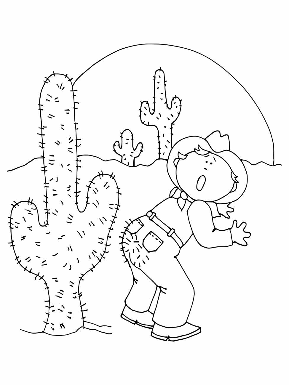 Desenho para colorir de um caubói com expressão surpresa ao lado de um cacto no deserto.