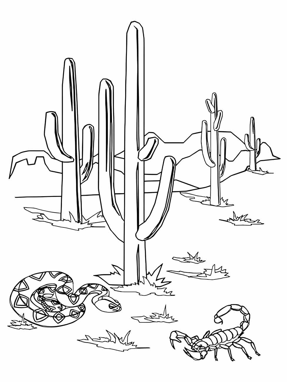 Desenho para colorir de cactos no deserto com uma serpente e um escorpião ao redor.