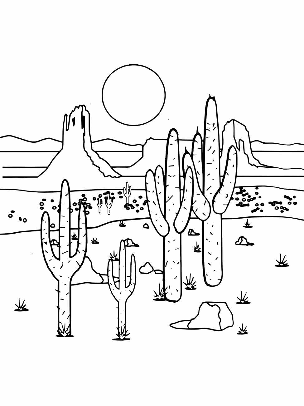 Desenho para colorir de um paisagem desértica com cactos sob um sol grande e brilhante.