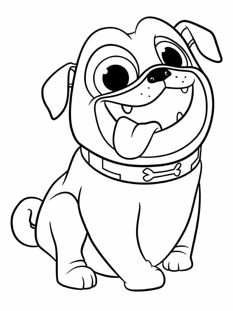 Desenhos para desenhar de um cão sorridente com uma língua de fora e um colar com um osso.