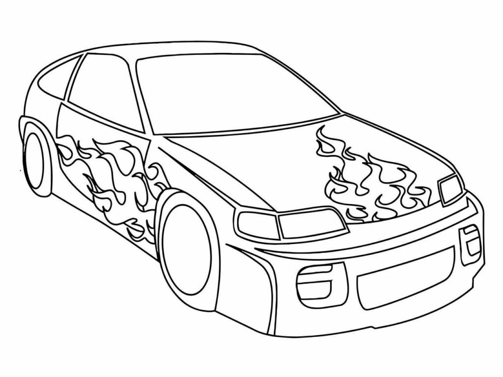 Desenhos para desenhar de um carro esportivo com chamas desenhadas na lateral.