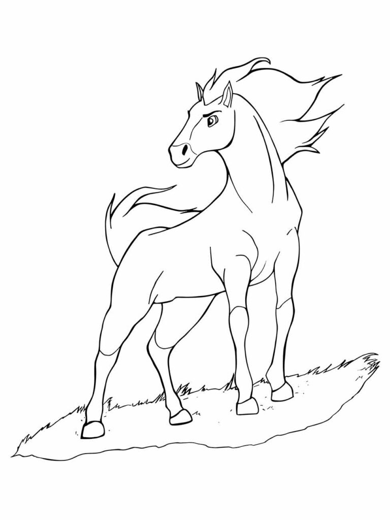 Desenhos para desenhar de um cavalo em pé com a crina ao vento.