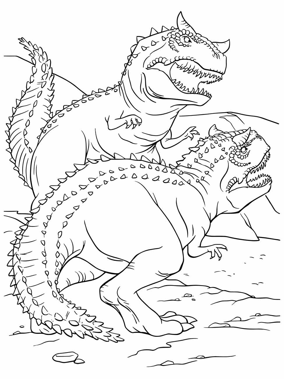 Desenhos para desenhar de dois dinossauros rugindo com detalhes de escamas e garras.