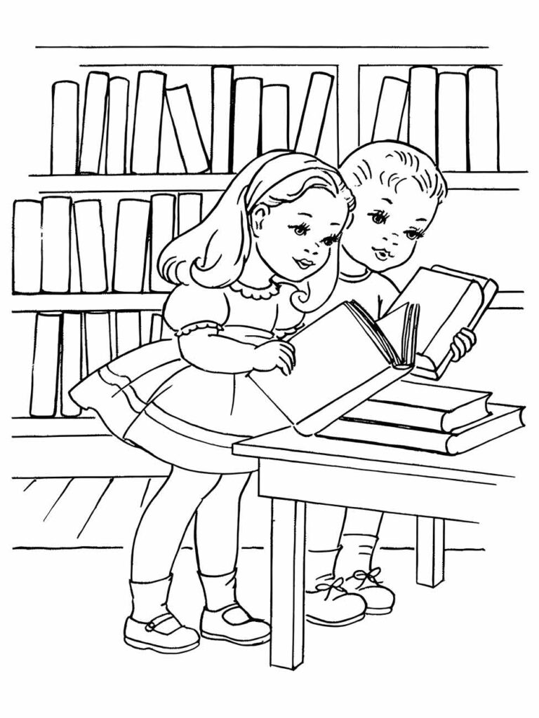 Desenho de escola infantil para colorir com duas meninas lendo um livro na biblioteca.