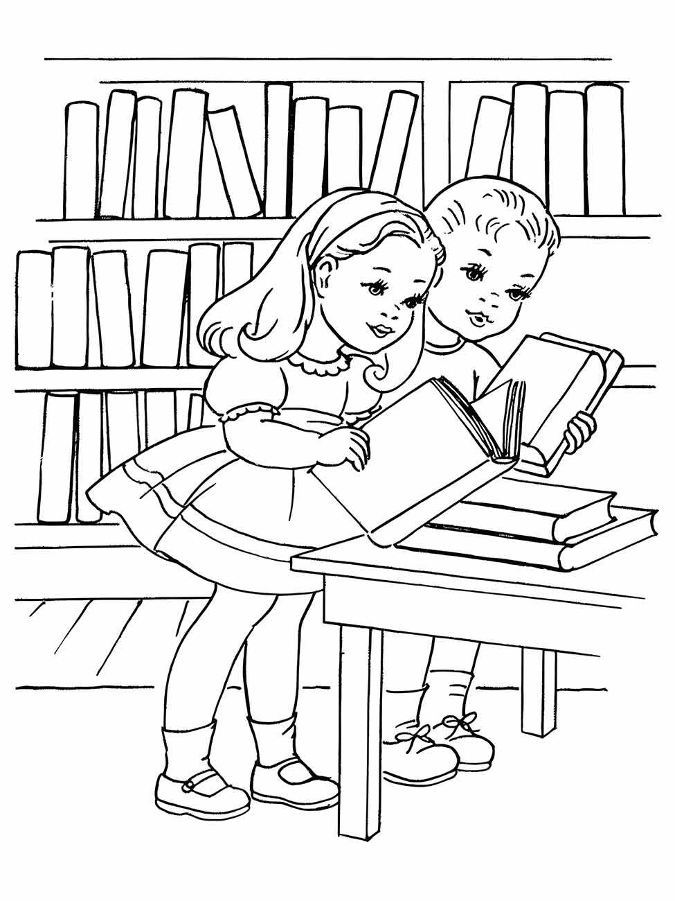 Desenho de escola infantil para colorir com duas meninas lendo um livro na biblioteca.