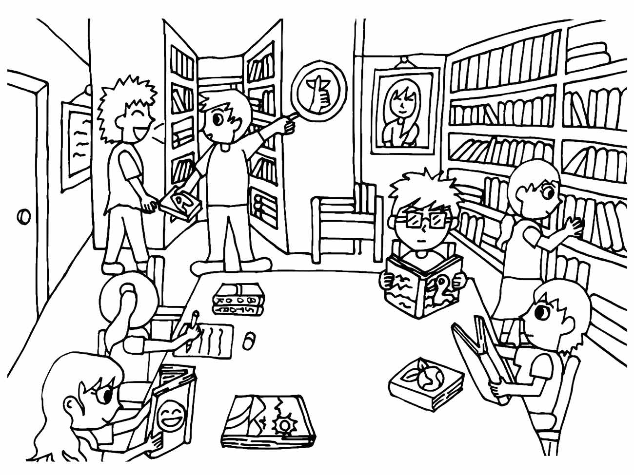 Desenho de alunos na escola para colorir, explorando uma biblioteca cheia de livros.