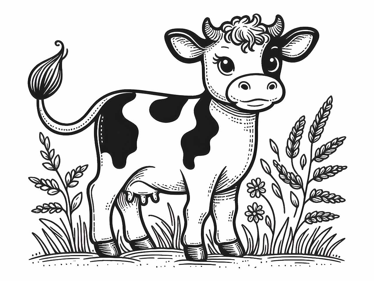 Desenho fofo para desenhar de uma vaca com manchas, em um campo com flores.