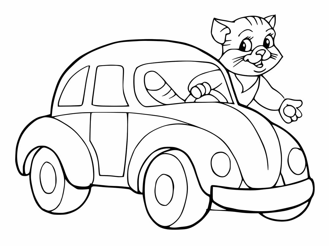 Imagem de fusca para colorir com um personagem felino ao volante, ideal para o público infantil.