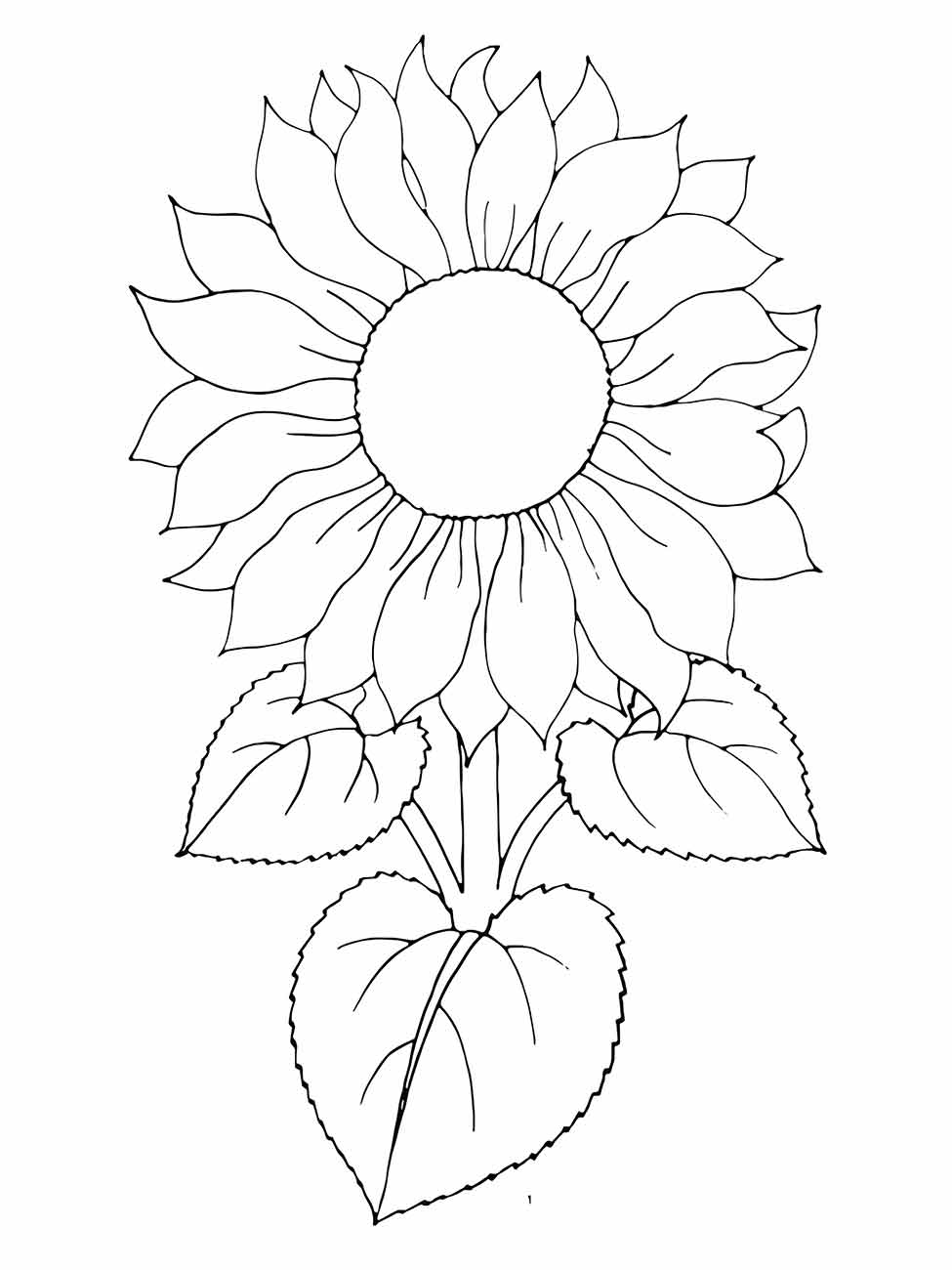 Imagem de girassol para colorir apresentando um botão floral detalhado e folhas exuberantes, adequado para todas as idades.