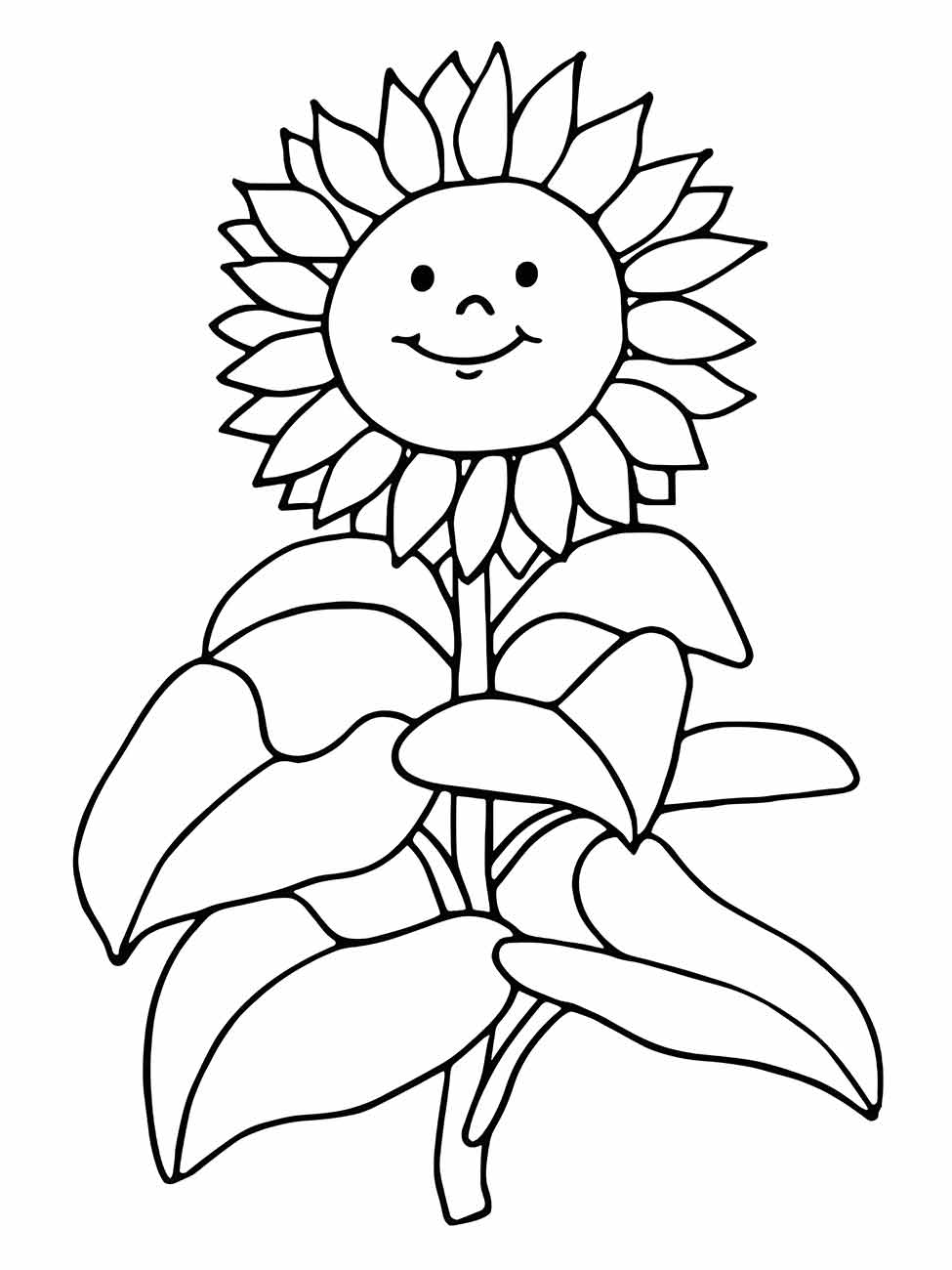 Desenho para colorir de girassol com rosto sorridente, ideal para atividades lúdicas na educação infantil.