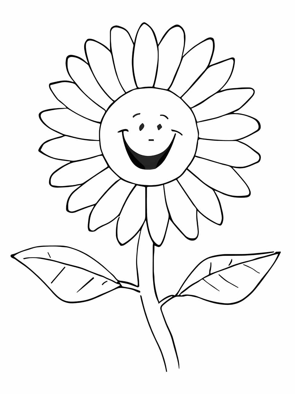 Desenho de um girassol sorridente para colorir, com pétalas amplas e folhas simplificadas, perfeito para atividades infantis.