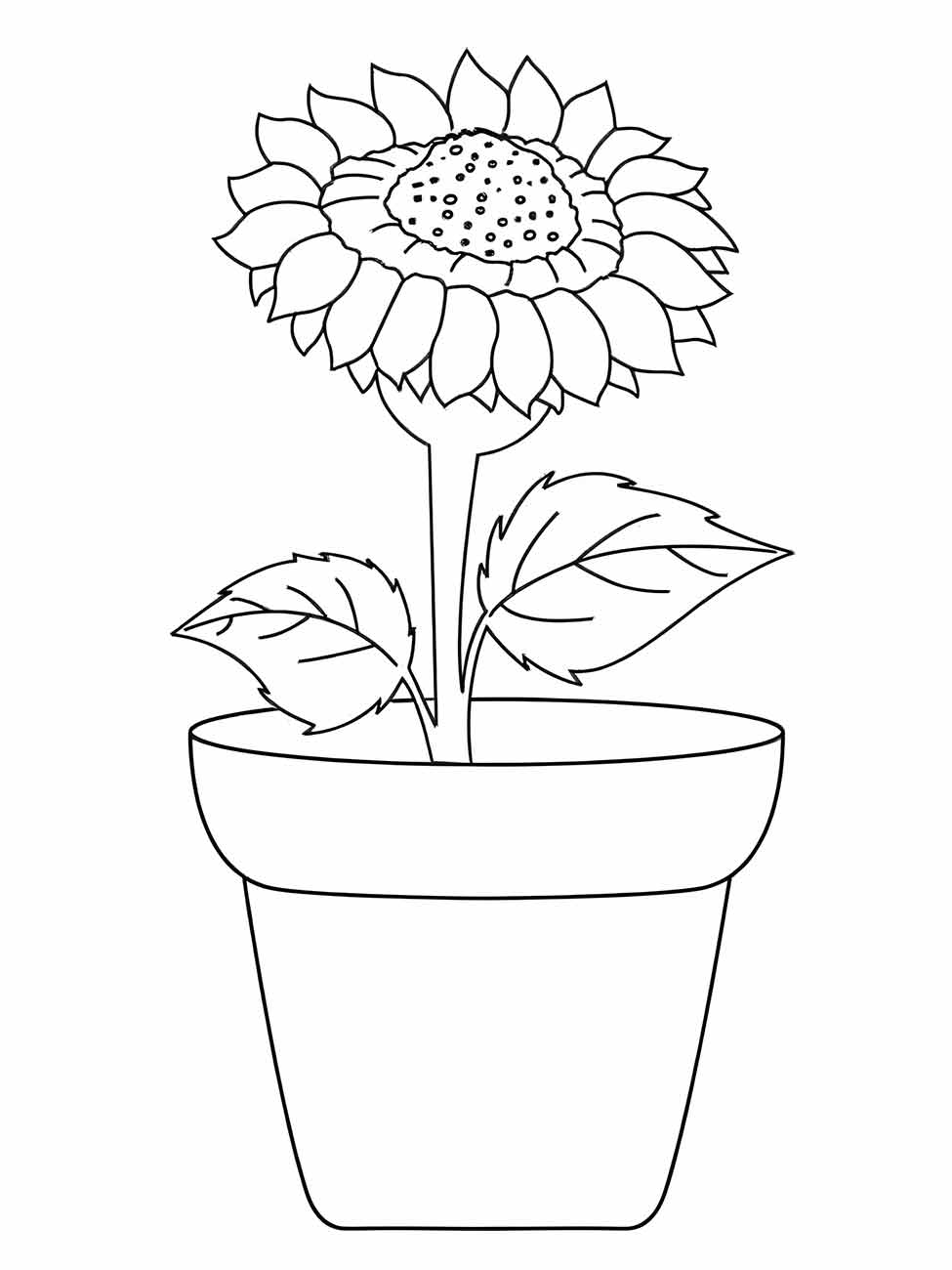 Desenho de girassol para colorir e imprimir, apresentando uma flor única em um vaso simples, adequado para crianças pequenas.