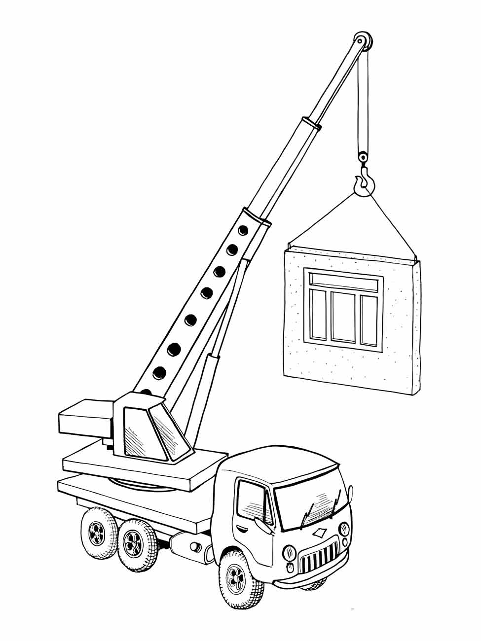 Desenho para colorir de guindaste levantando uma caixa, com seu braço telescópico estendido.