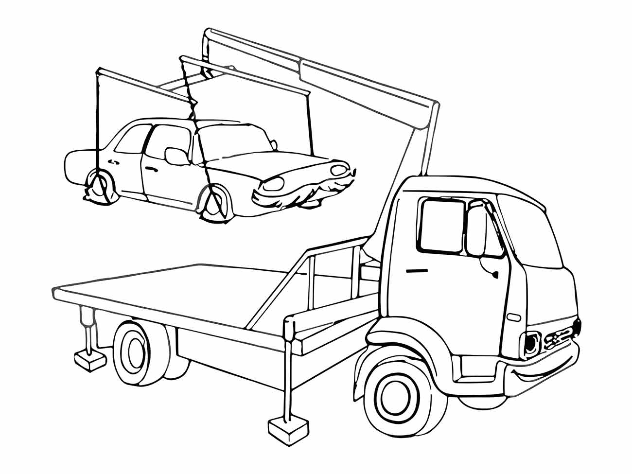 Desenho para colorir de caminhão guincho com plataforma basculante e um carro sendo rebocado.