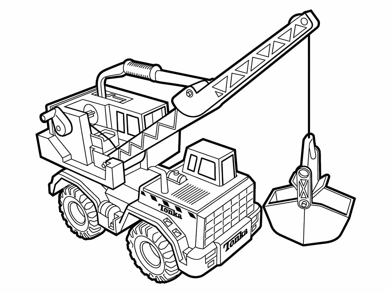 Desenho para colorir de guindaste todo-terreno com garra mecânica.