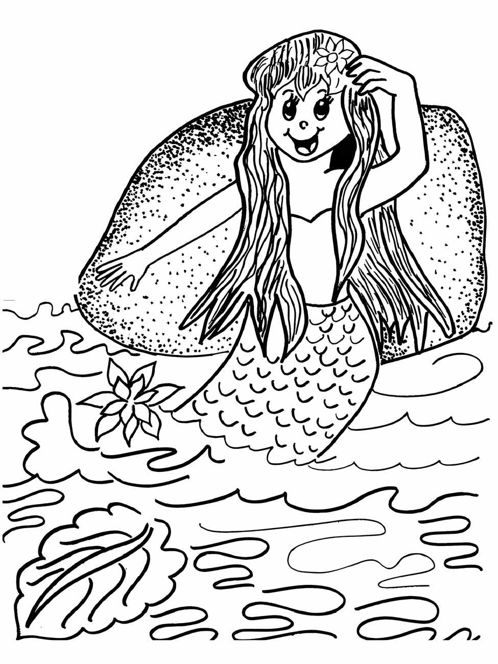 Desenho para colorir da sereia Iara com uma flor no cabelo, encostada sobre uma pedra no mar.