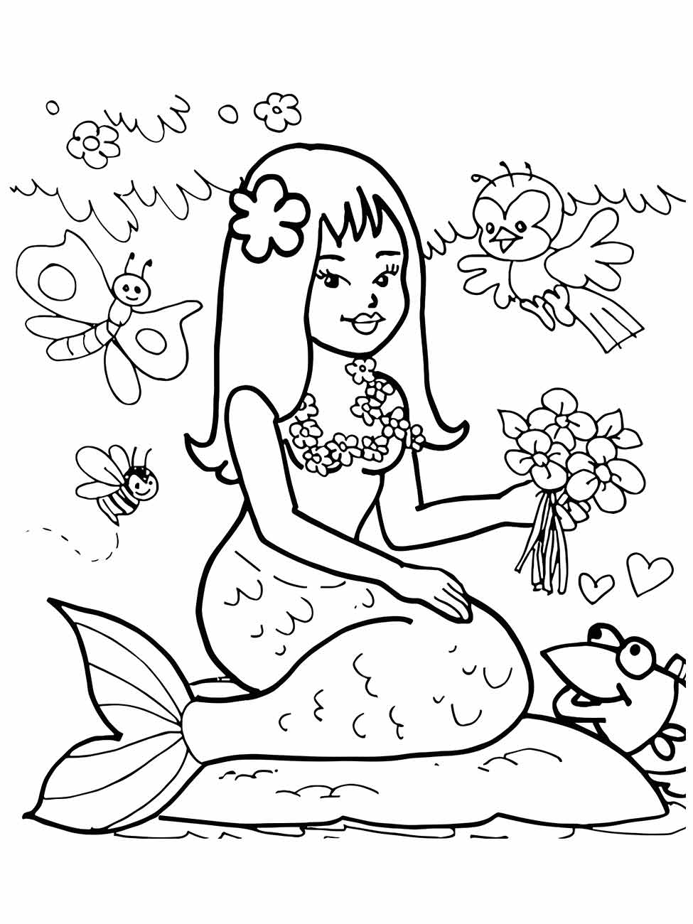 Desenho para colorir da sereia Iara segurando um buquê de flores, com insetos e animais ao seu redor.