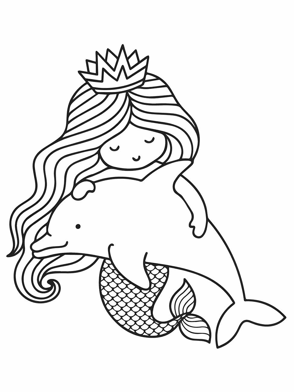 Desenho para colorir da sereia Iara com coroa abraçando um golfinho.