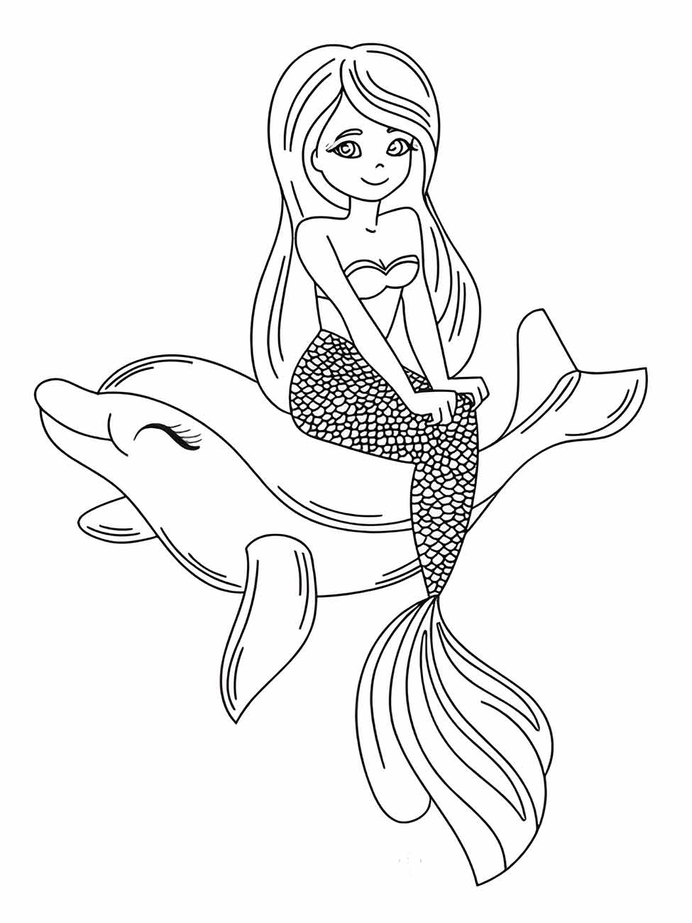 Desenho para colorir da sereia Iara sentada no dorso de um golfinho, com longos cabelos e cauda detalhada.