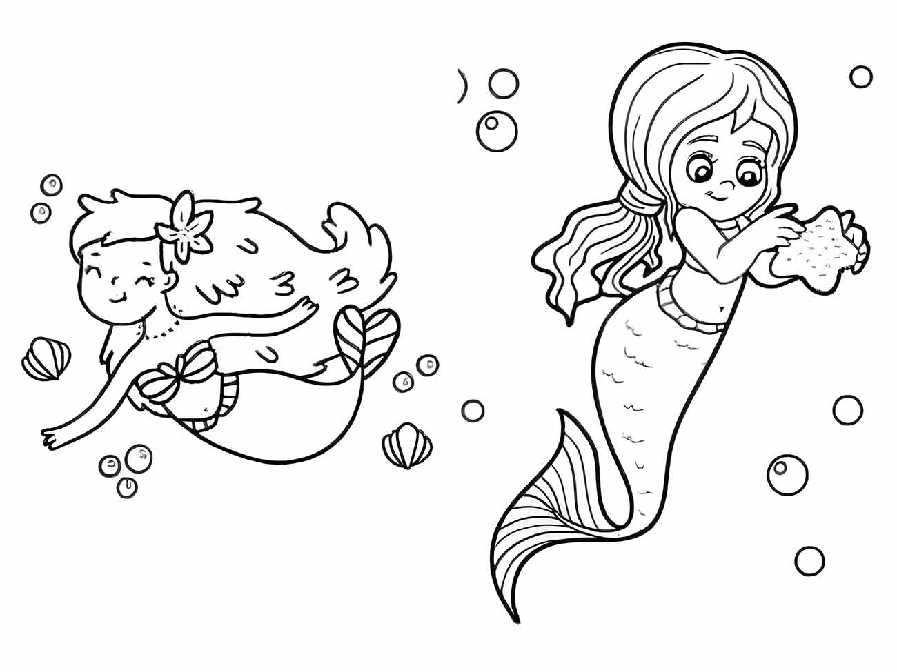 Desenho para colorir da sereia Iara flutuando com uma estrela-do-mar na mão e bolhas ao redor.