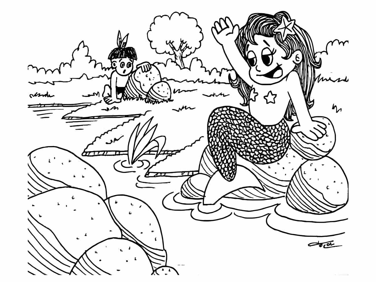 Desenho para colorir da sereia Iara sentada em uma pedra saudando um curioso índio na margem do rio