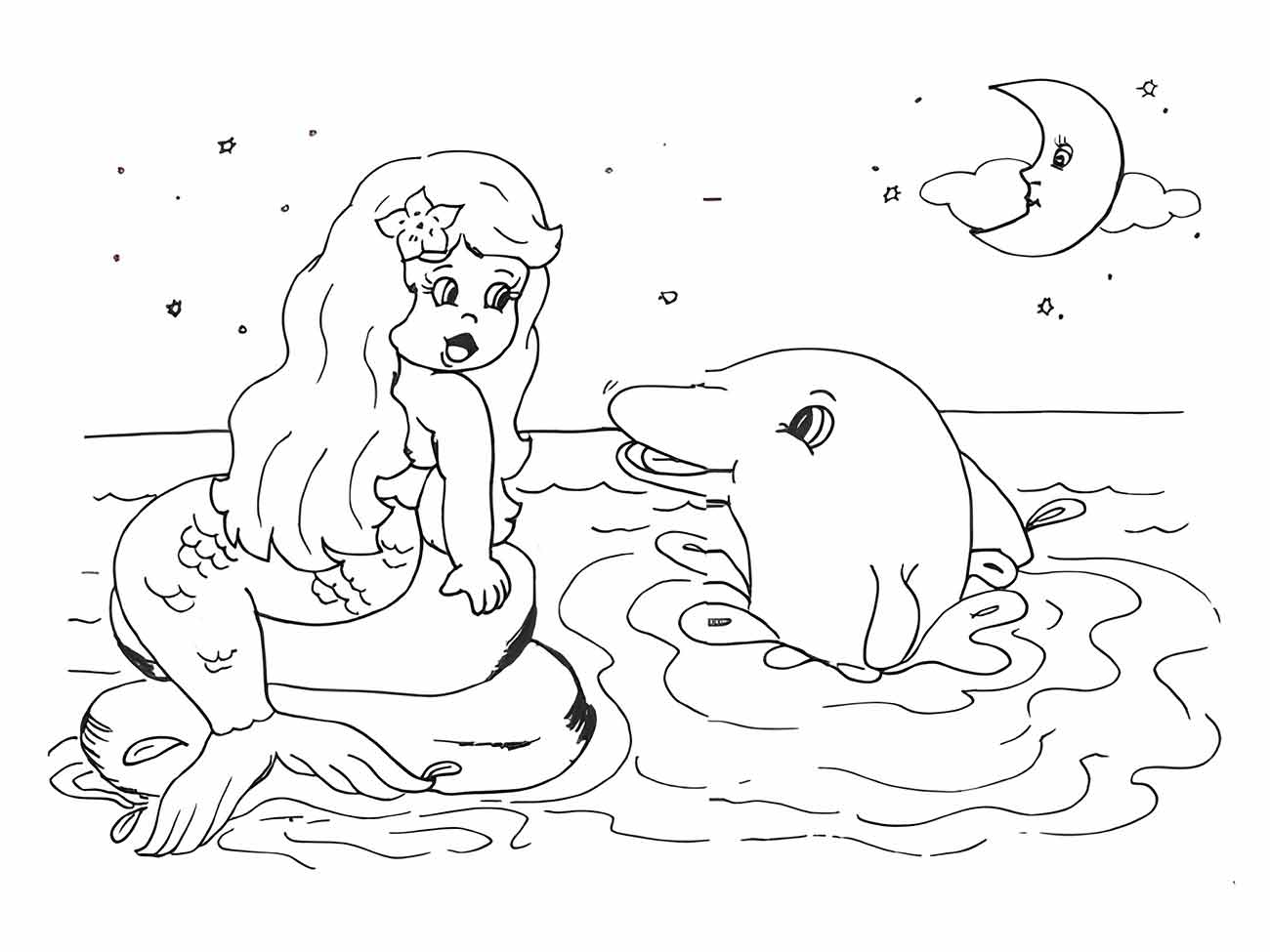 Desenho para colorir da sereia Iara conversando com um golfinho sob a lua crescente e estrelas.