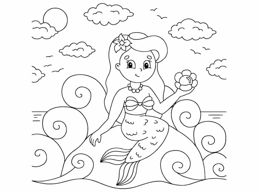 Desenho para colorir da sereia Iara sentada sobre ondas estilizadas, segurando uma flor e cercada por nuvens.