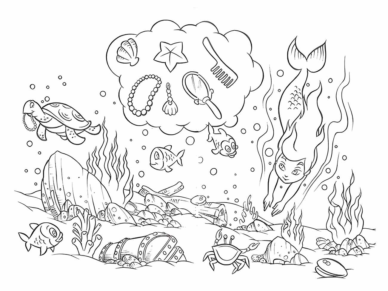 Desenho para colorir da sereia Iara nadando entre tesouros subaquáticos e imaginando acessórios.