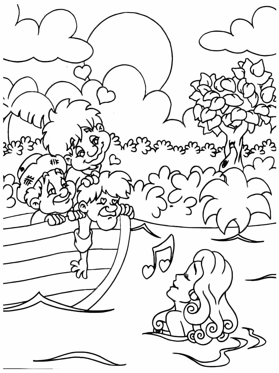 Desenho para colorir da sereia Iara cantando música uns rapazes em um barco sob um grande sol.