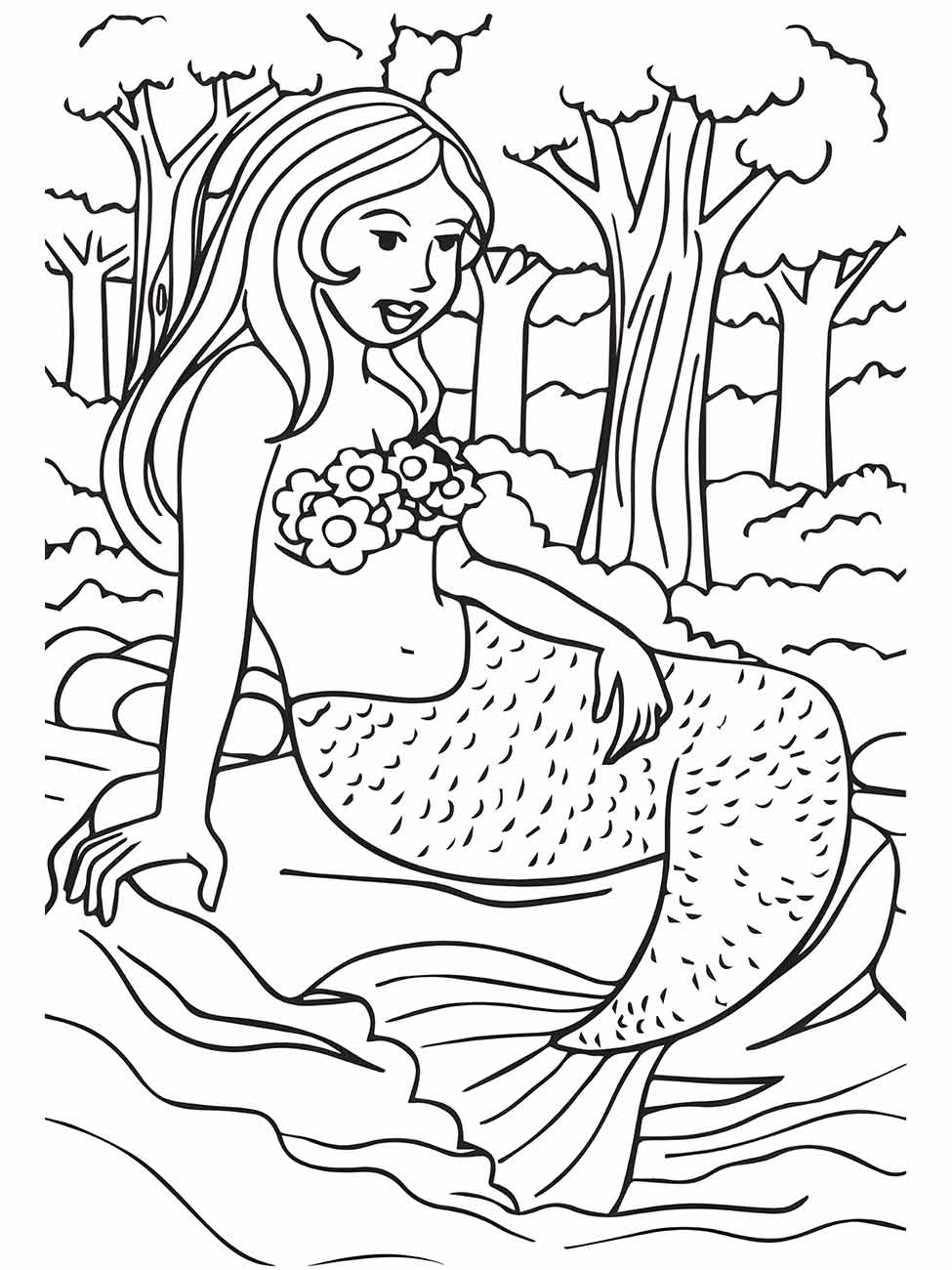 Desenho para colorir da sereia Iara sentada à beira do rio, cercada pela natureza e com flores.