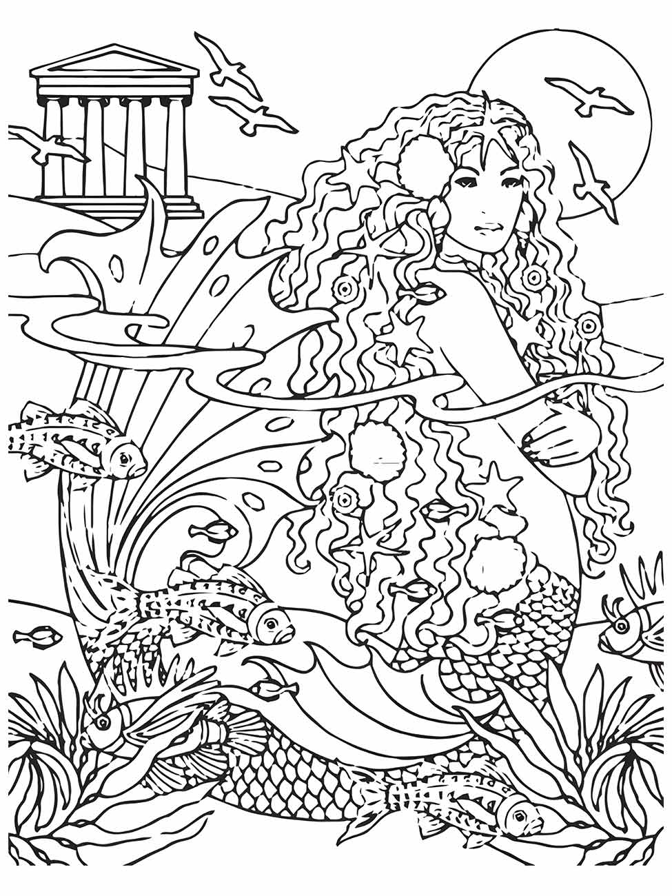 Desenho para colorir da sereia Iara entre ruínas subaquáticas, cercada por uma variedade de peixes e vida marinha.