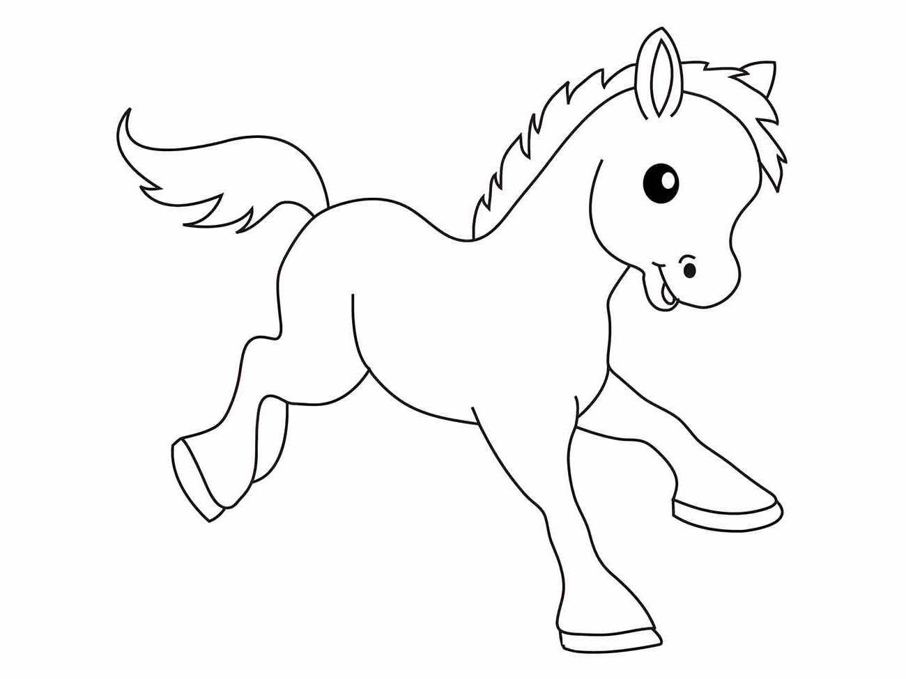 Desenho infantil para desenhar de um cavalo trotando com uma expressão feliz e cauda esvoaçante.