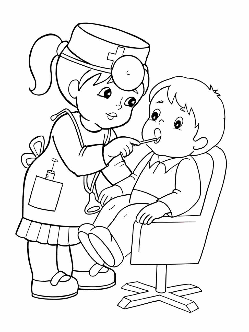 Desenho infantil para colorir, dentista e criança interagindo.