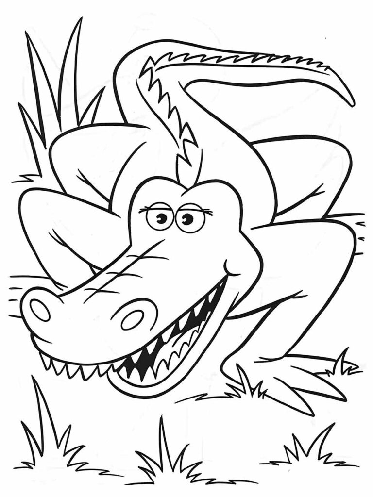 Desenho para colorir de um crocodilo exibindo um largo sorriso enquanto repousa na grama, adequado para impressão.