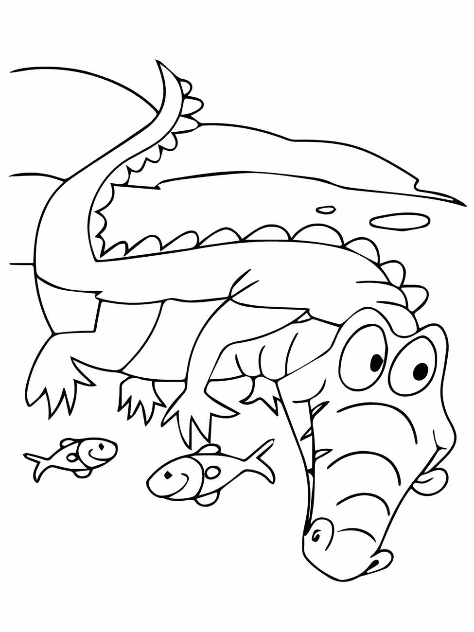 Desenho para colorir de um crocodilo subaquático observando peixes, ideal para crianças interessadas em vida aquática.