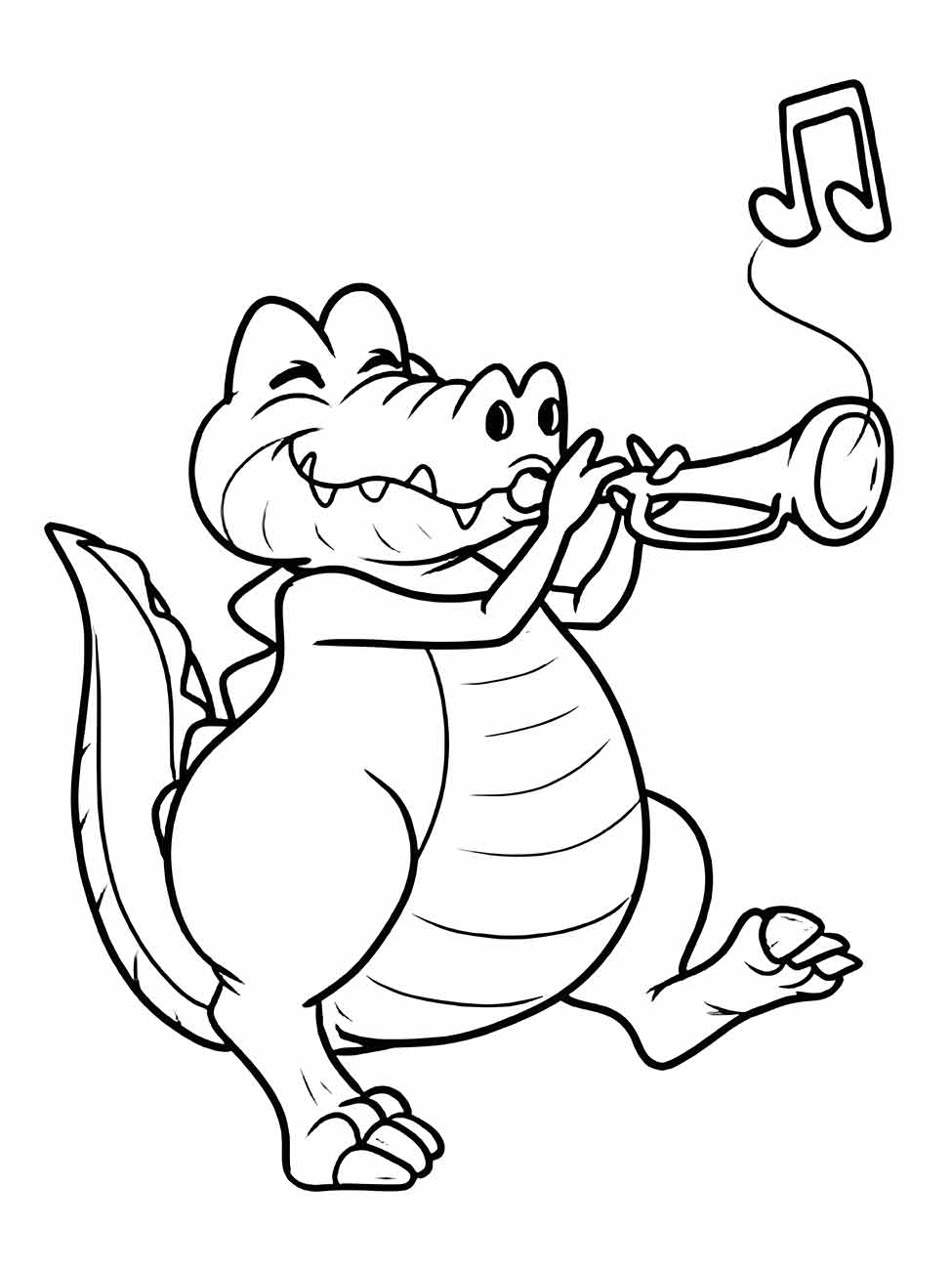 Desenho jacaré para colorir tocando trompete, uma maneira divertida de introduzir música na atividade de colorir.