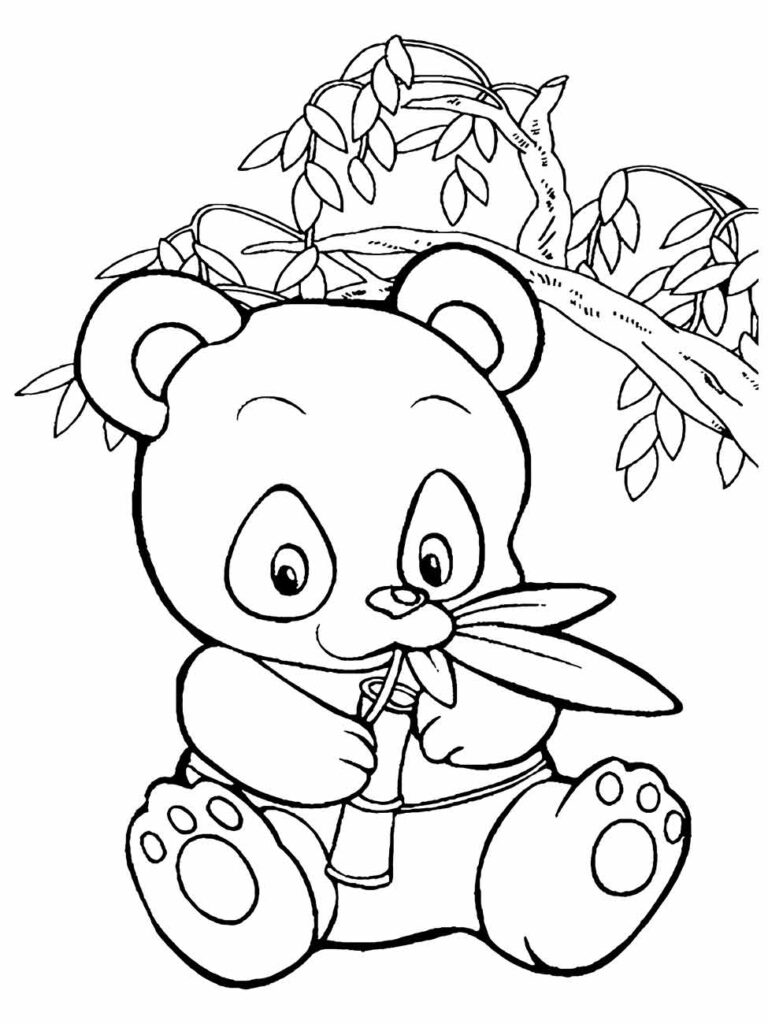 Desenho de um panda fofo para colorir, sentado e mastigando um talo de bambu.